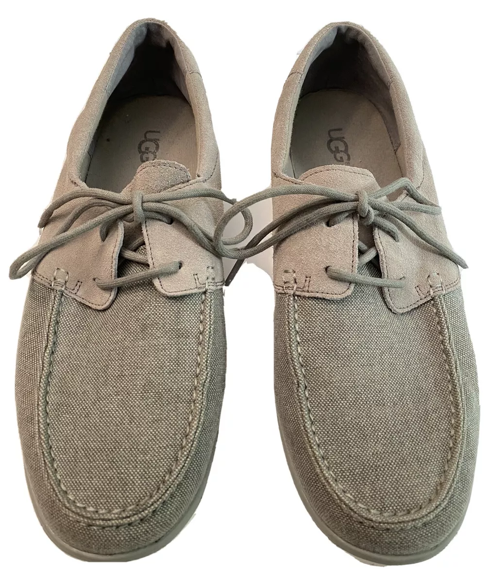 $100 Ugg Mens Sz 12 Catton Canvas Gray White Lace Up Casual Boat Shoes Moccasin