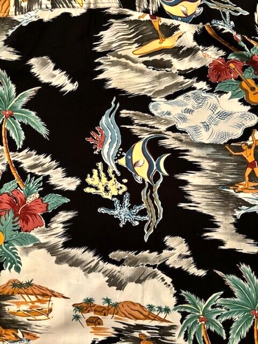 Kahala Rayon Duke Kahanamoku Atomic Fish Hawaiian Aloha Shirt Avanti Spooner - Picture 12 of 14