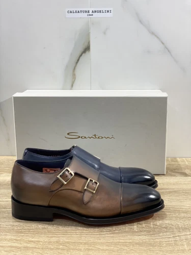 Santoni Men's Blue Leather Double Buckle Bicolor Lux Goodyear Double Buckle 41