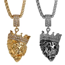 Punk Stainless Steel Crown King Lion Head Pendant Chain Necklace For Men