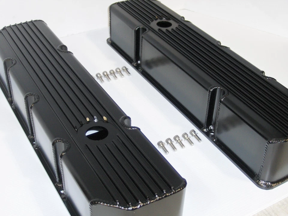 Cubiertas de válvula de aluminio fabricadas con aletas negras para Jeep 304 360 390 401 1976-87 Foto 2 de 4