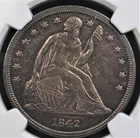 1842 SEATED LIBERTY DOLLAR NGC MS 61 GLASSY REFLECTIVE GRAPE AND VIOLET INFUSED