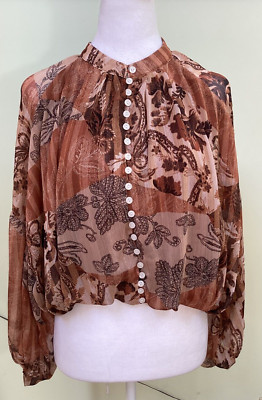 Kourt Brown Floral Lined Sheer Long Sleeve Button-Up Cropped Boho Blouse Size S