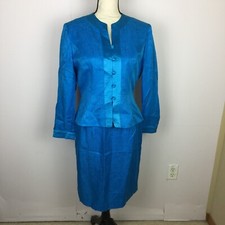 Adrianna Papell Safe Silk 2-Piece Pencil Skirt Jacket 10p Womans Petite Blue