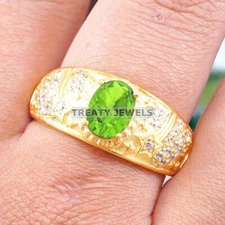 Peridot Oval Cut With 925 Sterling Silver Gold Plated Ring For Men's #A461