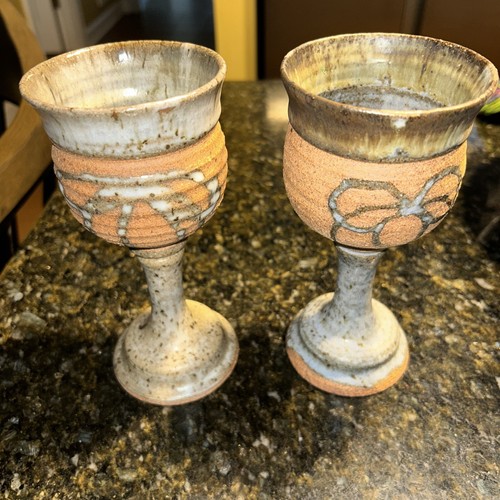 2 Pottery Stoneware Goblets Bow Design 7”