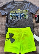 NWT Under Armour Inf Boys 12 Months Neon CAN'T STOP THE HYPE Shorts Set 12M