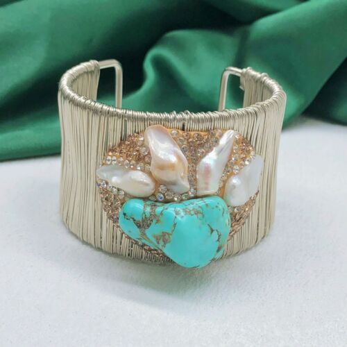 Natural Baroque Pearl Turquoise Rhinestone Women Wide Cuff Bangle Ethnic Jewelry - Picture 4 of 8