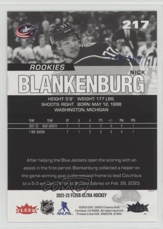 2022-23 Upper Deck Fleer Ultra Rookies Blue Foil /399 Nick Blankenburg Rookie RC - Image 2 of 2