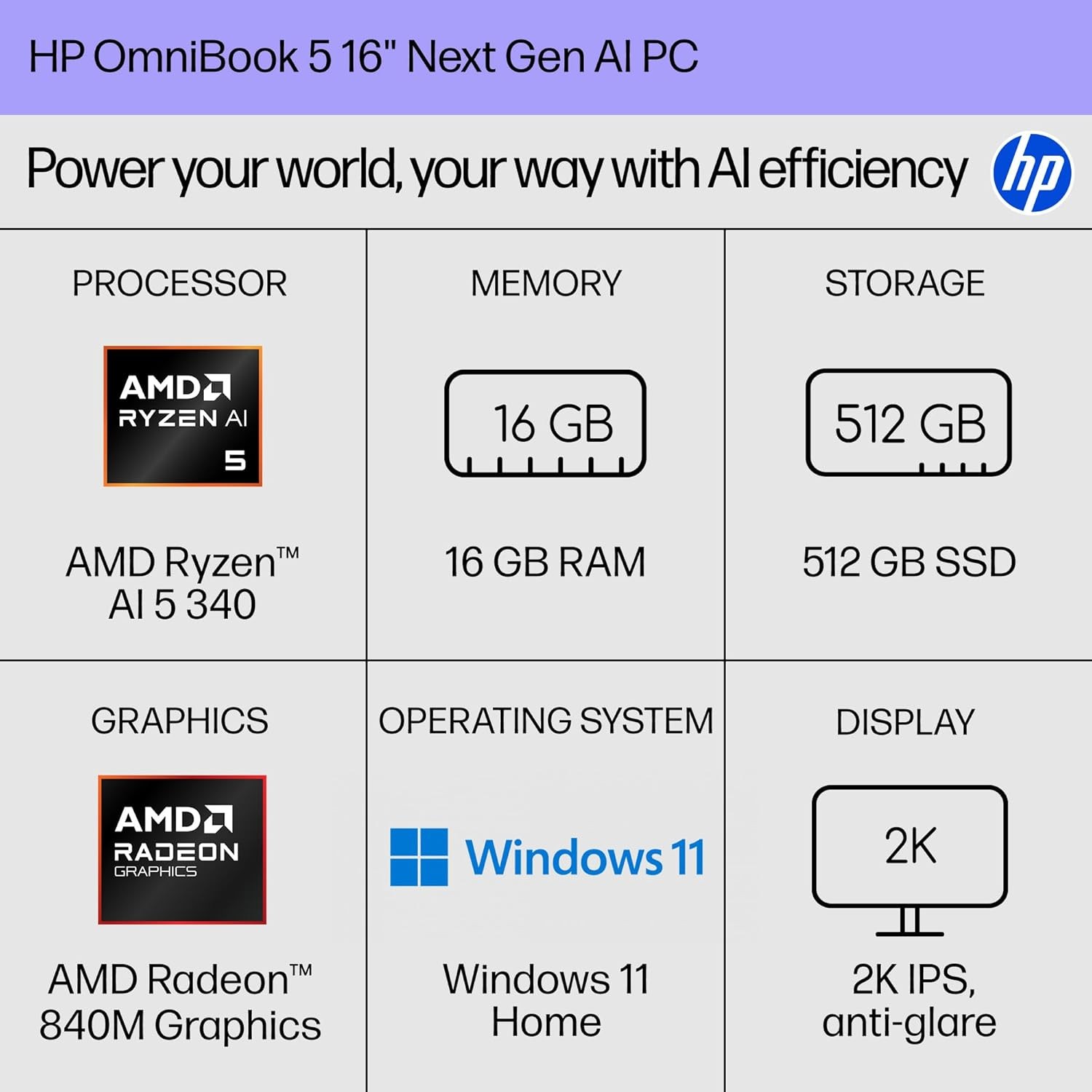HP OmniBook 5 16" pantalla 2K, AMD Ryzen 5 340, 16GB, 512GB, W11H, imagen 5