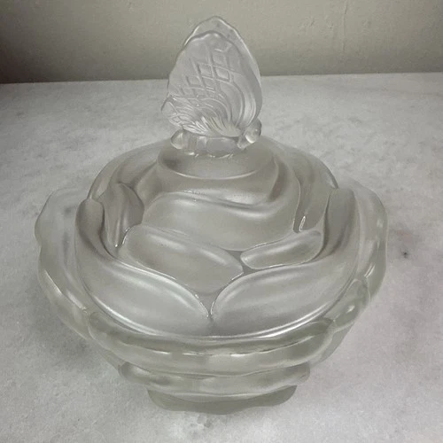 VTG Fenton Cabbage Rose Candy Dish BUTTERFLY Lid Frosted Glass 5.5" Tall