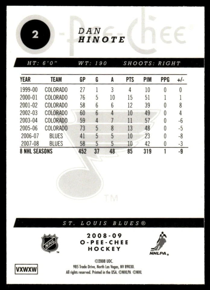 2008-09 O-Pee-Chee Gold Dan Hinote St. Louis Blues #2 - Image 2 of 2