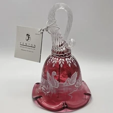 Fenton Cranberry Mary Gregory Hand Painted Swan Lake Bell - #198 of 2350 Signed
