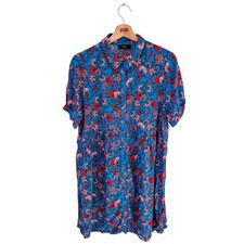 Ladies Floral Shirt Dress Blue Red Collared Short Sleeved Summer Size 18