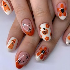24PCS Halloween Press-On Nails - Pumpkin Ghost Floral Square
