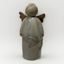 Rustic Glazed Pottery Angel Figurine Smiling Earthenware Statue Home Decor