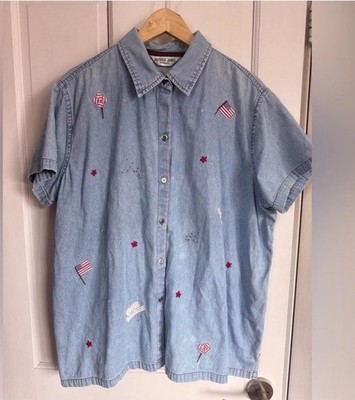 Chambray short sleeve shirt with embroidered detail 2X By Victoria John s July 4