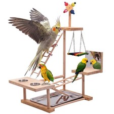 Bird Playground Natural Wood Bird Perch Stand with Mirror Parakeet Ladder Che...