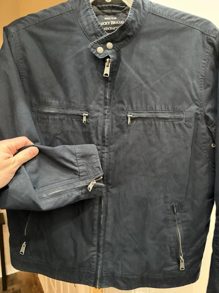 Chaqueta de Corredor Lucky Brand Bonneville Azul Marino Motociclista Grande L Algodón Acolchado Foto 4 de 4