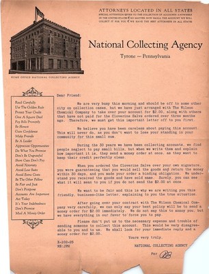 Vintage Tyrone PA Cloverine Salve debt collection letter