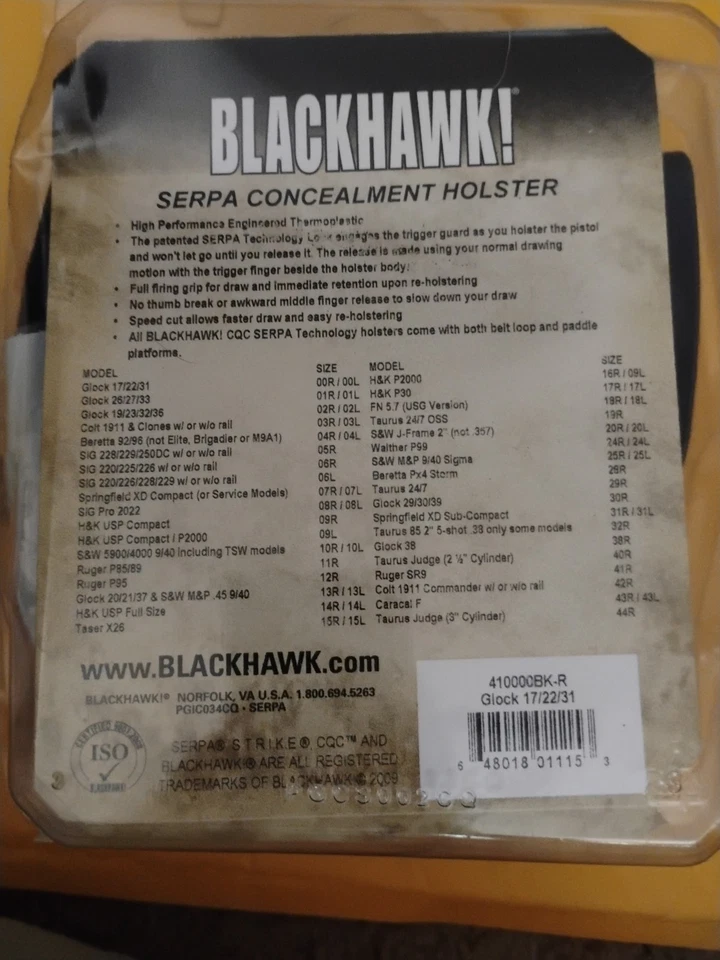 Blackhawk SERPA CQC Concealment Holster Right Hand Matte Glock 17/22/31 (7) - Image 3 of 4