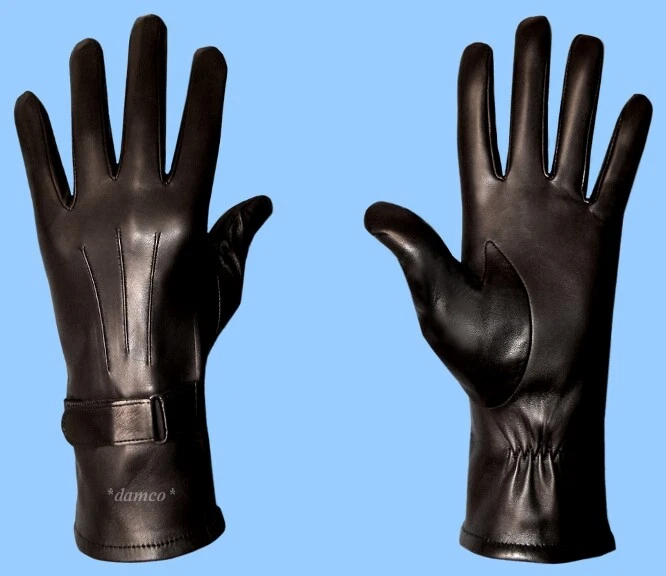 MENS BLACK LAMBSKIN LEATHER GLOVES - WRIST EXPANSION - BELT - SILK LINED - NEW !