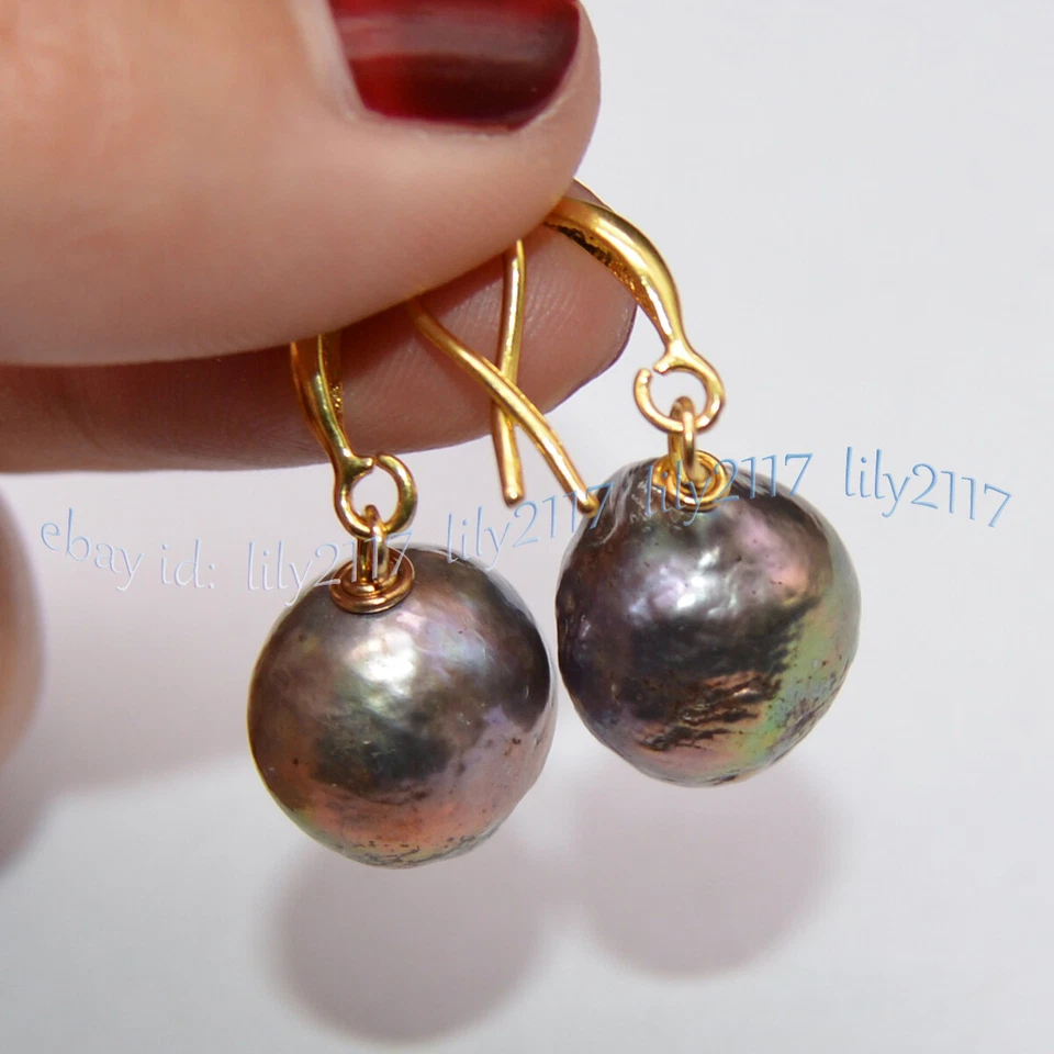 Enorme Pendiente Colgante Perla Edison Barroco Negro Mar del Sur Natural Genuino 12-14mm Foto 2 de 4