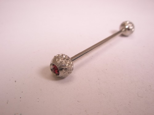 1-3/4" Red Rhinestone Knurled Screw BallEnds Silver Tone Vintage Collar Bar L154 - Picture 3 of 3
