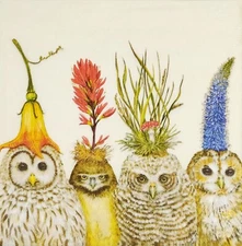 Q204# 3 x Single Paper Napkins For Decoupage Owl Birds Heads With Flower Hats