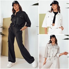 Damen Set Zweiteiler Hemdjacke mit Wideleg Hose Jogginganzug Sportanzug DSTREET