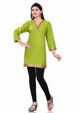 Green 3/4 sleeve Indian Cotton Kurti/Tunic with Golden neckline