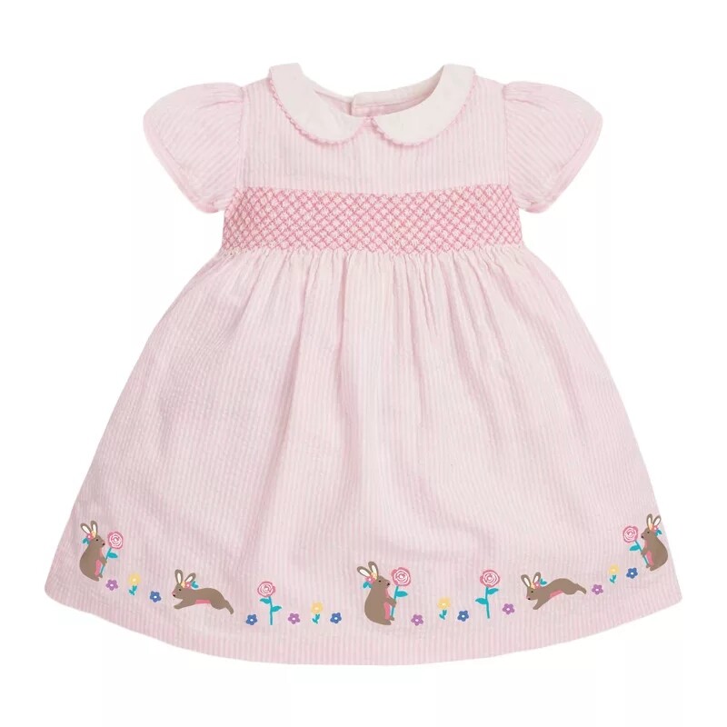 NEW Easter Bunny Rabbit Girls Pink Smocked Seersucker Dress 