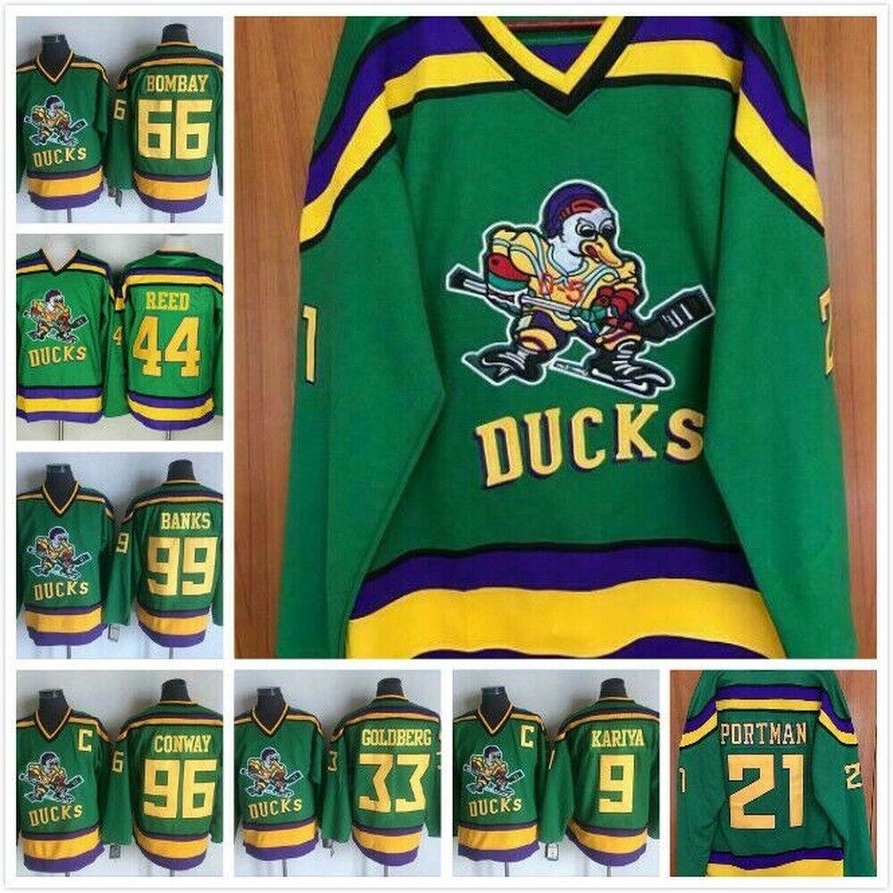 Movie Mighty Ducks Portman 21 Goldberg 33 Reed 44Hockey Jersey Black All  Sewn