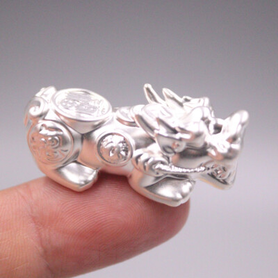 Real 999 Fine Silver Wealth Pixiu 福 Pendant Dragon Son Wealth Pendant 1.45inch L