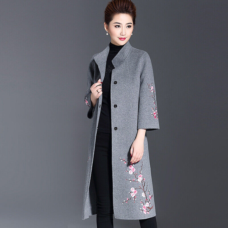 Womens Floral Embroidery Mid Long Trench Coat Wool Blend Womens Floral Embroidery Mid Long Trench Coat Wool Blend