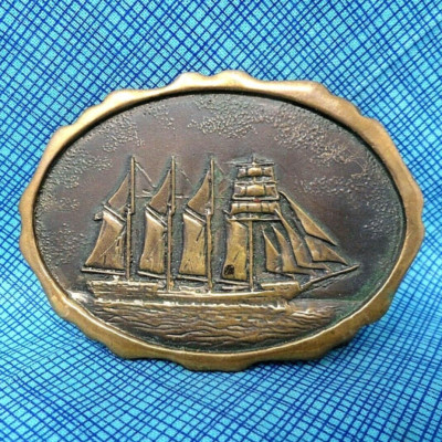 Clipper Ship Belt Buckle Sailing Ocean Vtg 1976 Rams Horn Solid Bronze   .PCB176