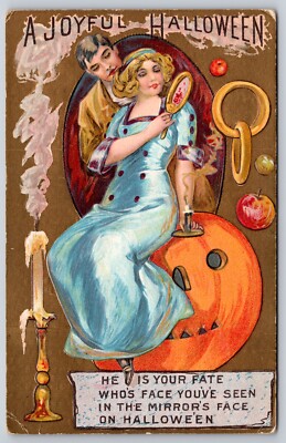 Mirror Gazing Lady on Jack-O- Lantern, Male Figure Behind, Halloween Postcard