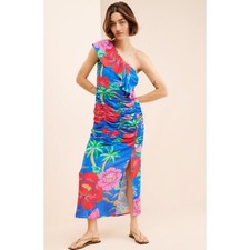 Farm Rio One Shoulder Ruched Midi Dress Tropical Ocean Blue Size Medium