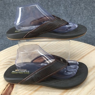 Skechers Sandals Mens 9.5 Flip Flop Brown Leather Slip On Open Toe Casual Flats