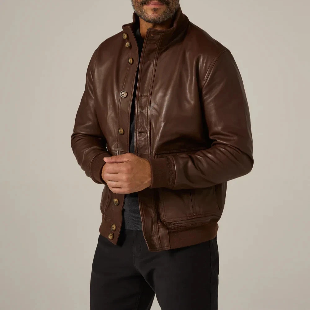 Brown Leather Jacket Men's Flight Bomber Pure Lambskin Size S M L XL XXL Custom