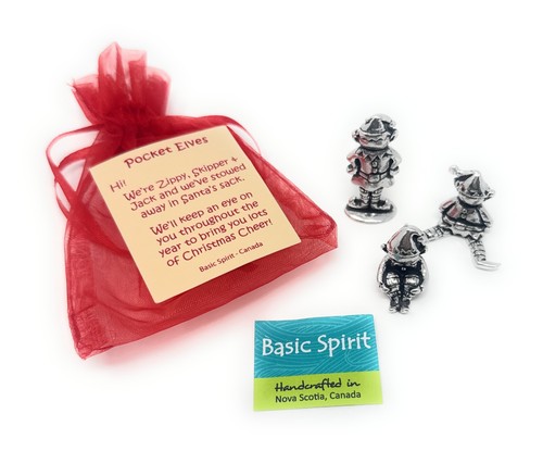 Miniature Christmas Elves in Gift Bag by Basic Spirit, EV-1, Pewter, Made Canada - Picture 3 of 6