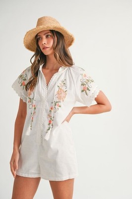 MABLE Zelina Embroidered Tassel Romper Linen Boho White Size M