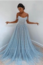 Princess Blue Prom Dresses Sequins Beads Spaghetti Occasion Evening Party Gowns