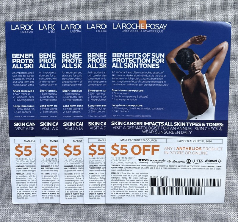 $5 OFF La Roche Posay Anthelios Coupons (LOT of 5, Expires 8/31/26)