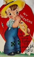 VTG Die Cut Valentine Card Boy Fishing If Wishes Were Fishes I d Wish For You