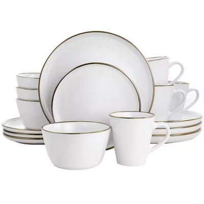 Arthur 16-Piece Stoneware Dinnerware Set in Matte White with Gold Rim