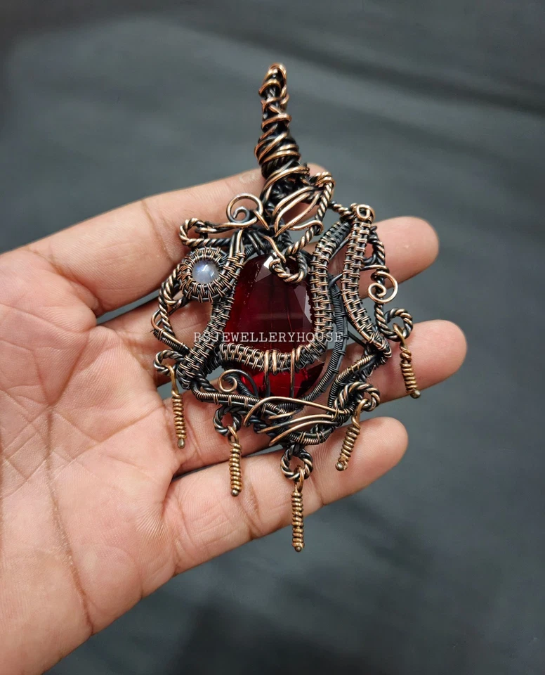 Colgante Granate Alambre de Cobre Envuelto Colgante Piedra Lunar Gema Colgante Joyería de Cobre Foto 3 de 4