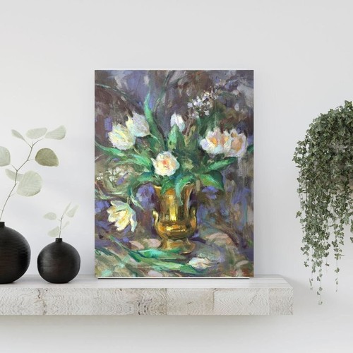 Pintura al óleo de tulipanes blancos: arte impresionista floral bodegón - Imagen 2 de 8