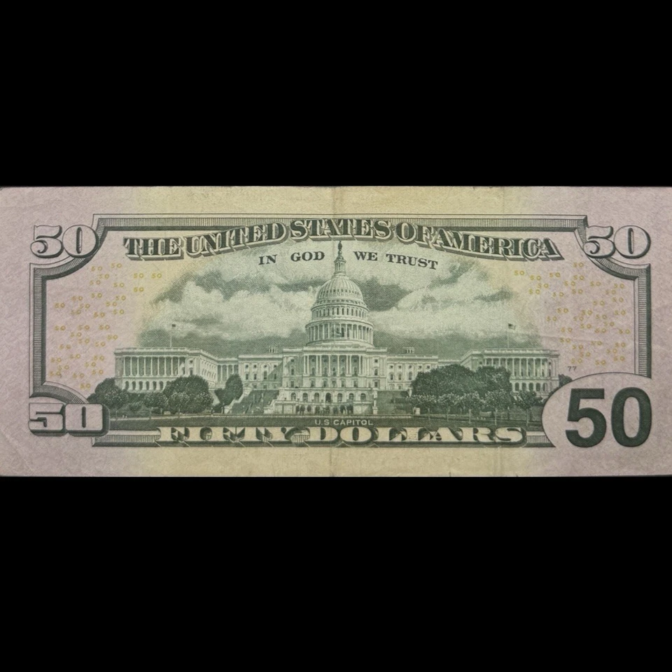 06444460 2013 $50 Fifty Dollar Bill Radar Palindrome Fancy Serial FR 2132-G VF - Image 3 of 4