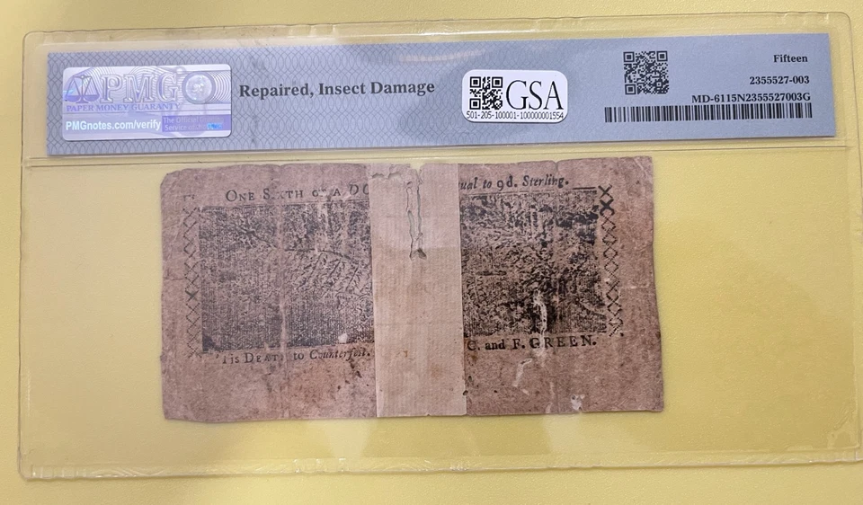 1774 Apr 10th, $1/6, Maryland Colonial Note, Fr. MD-61, PMG 15 Choice Fine, Net - Image 2 of 2